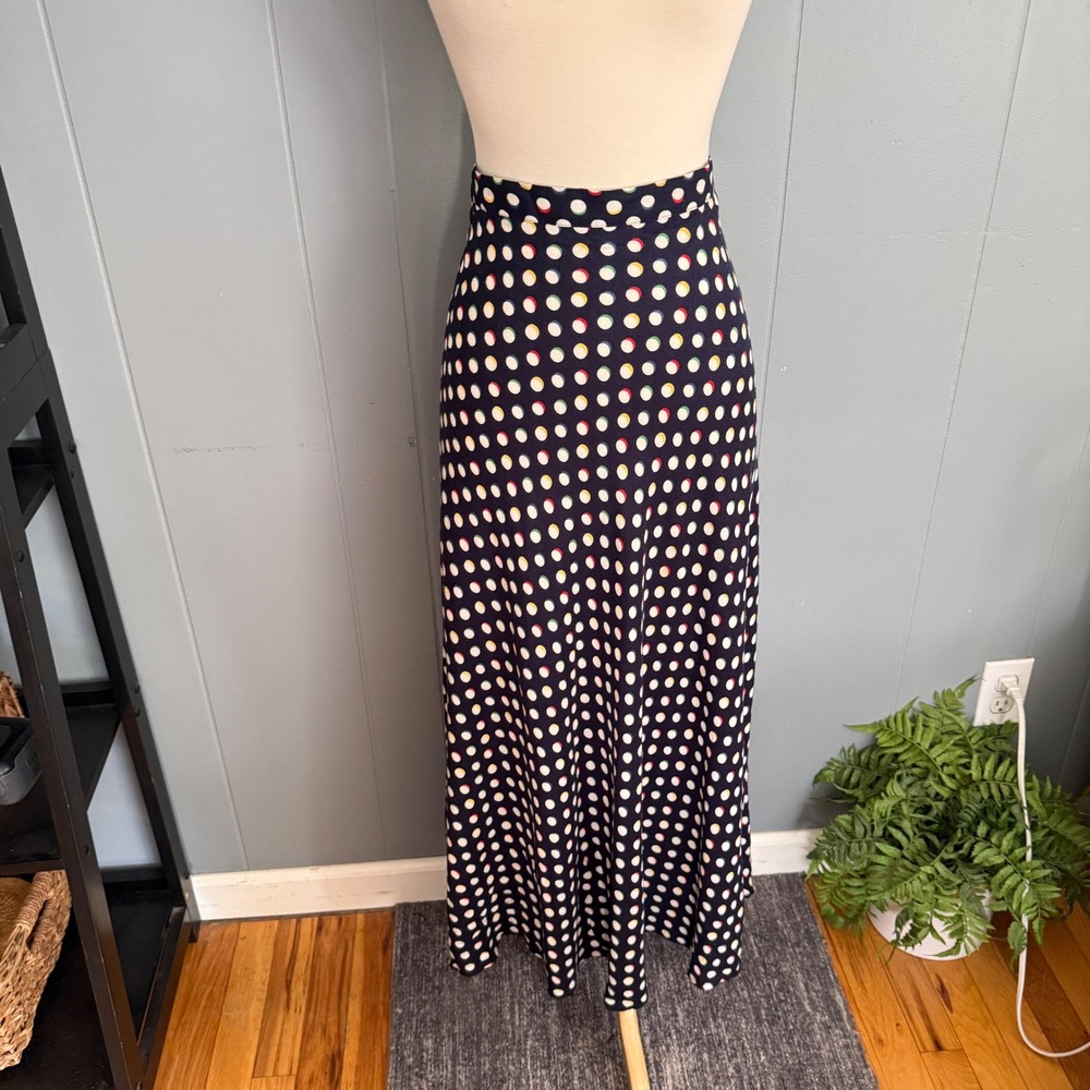 JRT Vintage 90s Polka Dot Maxi Skirt Navy Blue Rayon Size 12 Made in USA Mod